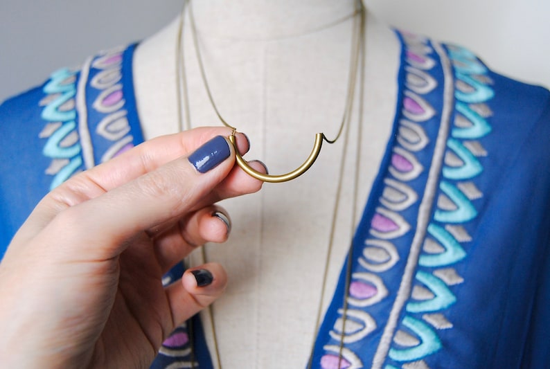 Small Curve Necklace Gold Tube Pendant Minimal Brass Semicircle image 3