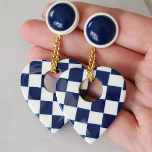 Vintage Navy Blue Checkered Heart Earrings | Retro plastic dangle earrings with gold chain | Big, bold, chunky 80s style statement jewelry