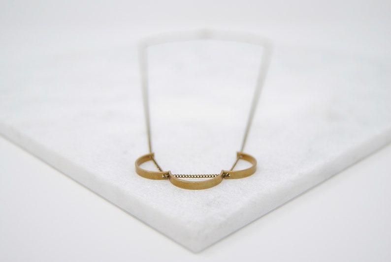 Three Curves Necklace Brass Semicircles Pendant Minimal and Geometric Gold Arc image 4