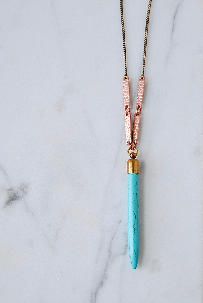 Boho Bar Necklace Turquoise Howlite Spike Necklace Long Layering Stone Pendant image 5