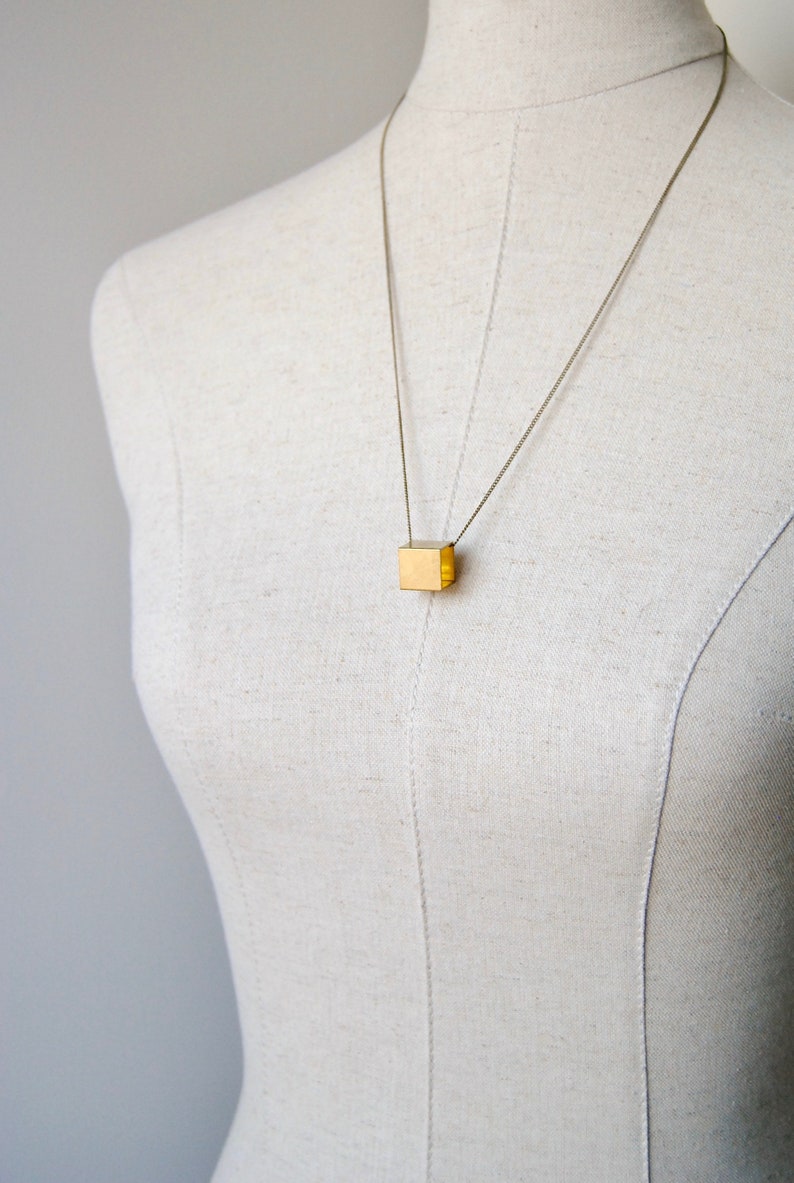 Brass Cube Necklace Geometric Square Charm Gift For Minimal Man or Woman image 2