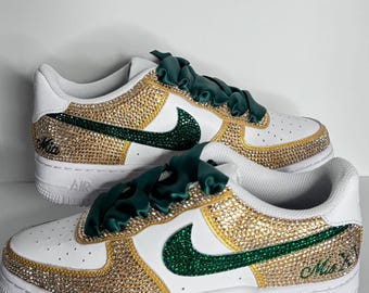 Custom Nike Air Force Ones AF1 Mis Quince Gold Green Bedazzled