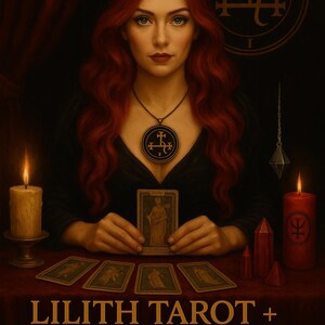 Könnte beinhalten: Illustration einer Frau mit roten Haaren, Krone und Tarotkarte. Das Bild enthält Kerzen, Kristalle und den Text "LILITH TAROT + ORACLE + PENDULUM READING (WITH MINI RITUAL) By Liliana Darkmoon."