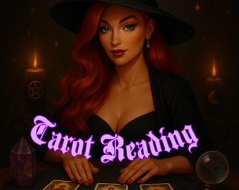 May include: An illustration of a woman with red hair wearing a black witch hat, performing a tarot reading. The image includes tarot cards, candles, a crystal, and a crystal ball. The text "Tarot Reading" is displayed in a purple font.