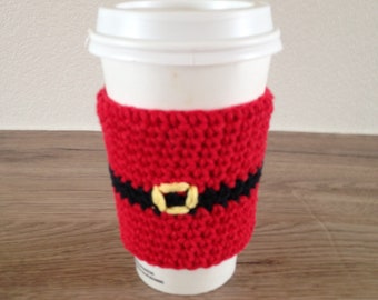 Crochet cup cozy, reusable coffee sleeve, Santa coffee cup cozy in Christmas colors