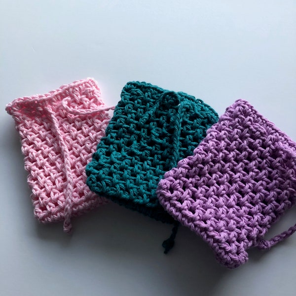 Crochet soap saver, set of 3 in purple, teal and pink, soap sack