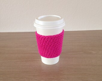 Crochet cup cozy, coffee cup sleeve, reusable coffee sleeve, coffee cup cozy in hot pink