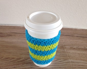 Crochet cup cozy, coffee cup sleeve, reusable coffee sleeve, coffee cup cozy in bright colors, lime green and bright  blue cup cozy