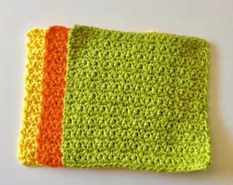 Cotton crochet dishcloths, cotton washcloths, cotton dishrags, set of 3, in yellow, orange and lime green