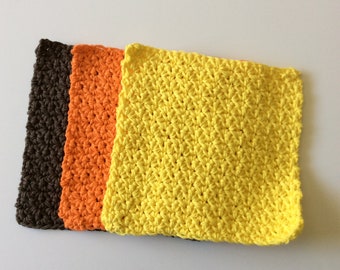 Cotton crochet dishcloths, cotton washcloths, cotton dishrags, set of 3, in yellow, orange and brown