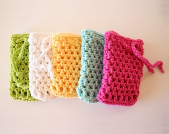 Set of 5 crochet soap saver in lime green, aqua, hot pink, yellow and white, soap sack, soap holder