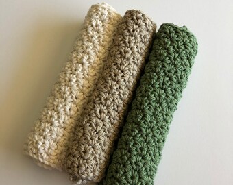 Crochet dishcloths Latte Combo, Set of 3, green, beige and off white, crochet brown washcloth