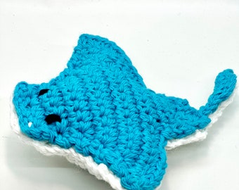 Crochet stingray in bright blue and white. Crochet Manta Ray in bright blue and white