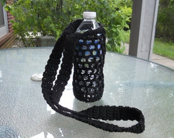Black crocheted bottle holder, black crochet bottle carrier,  water bottle holder