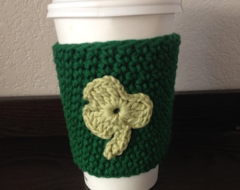 Crochet cup cozy, reusable coffee sleeve, coffee cup cozy in green, Saint Patrick's day