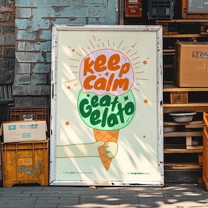 Bewahren Sie Ruhe, essen Sie Eis druckbare Kunst | Digitales Poster | Inspirierend | Retro Wandbild | Funky Illustration | Home Wohnung Deko |Pop art
