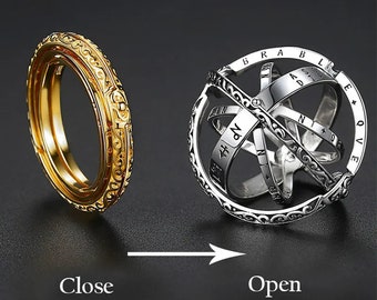 925 Sterling Silber Ring für Frauen & Männer, Kommt mit passender Kette, Faltbarer Astronomischer Sphärenring Paarring, Kommt in Schwarzer Satintasche