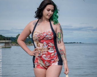 Gloomth Retro Vintage Circus Clown Print Swimsuit Sizes XS to 3XL Small to Plus Size