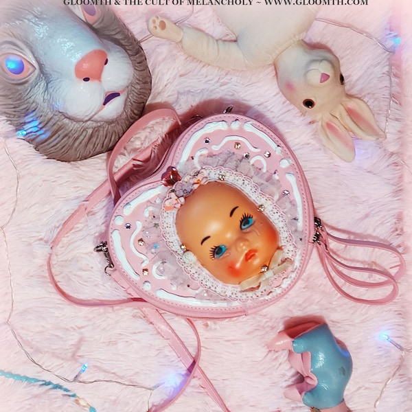 Gloomth Pink Heart Shaped Crybaby Doll Face Purse Bag