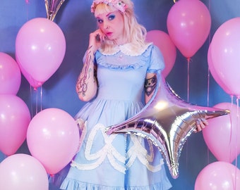 Gloomth Cornflower Blue Lolita Dress with Bows and Embroidered Skull Sizes S to 5XL