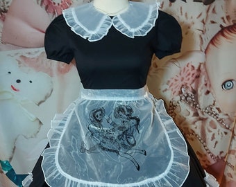 Gloomth Black White Maid Dress Outfit with Sheer Apron with Creepy Artwork Print Sizes S-5XL Plus Size