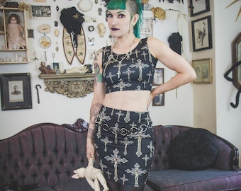 Gloomth Gothic Crucifix Print Stretch Miniskirt Sizes XS to 3XL Available