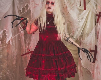 Gloomth Dracula's Bride Victorian Gothic Doll Dress in Red Velvet Sizes S to 5XL Plus Size