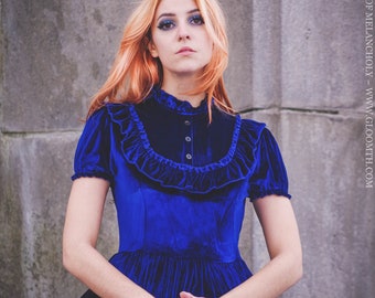 Gloomth Dauphine Blue Velvet Gothic Dress Sizes S to 5XL In Stock