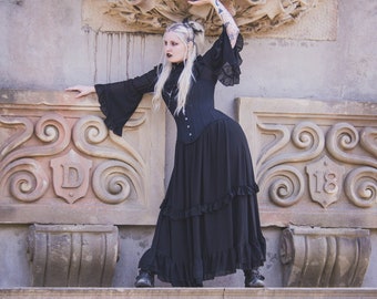 Gloomth Valerie Black Gothic Victorian Sheer Nightdress with Bell Sleeves Sizes S to 5XL