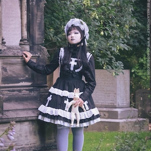 Gloomth Church Gothic Lolita Jsk Black Dress with White Lace Crosses Sizes S-6X