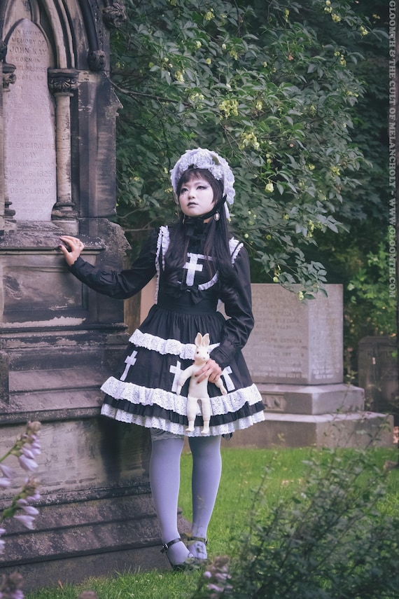 Gloomth Church Gothic Lolita Jsk Black Dress With White Lace Crosses Sizes  S-6X - Etsy