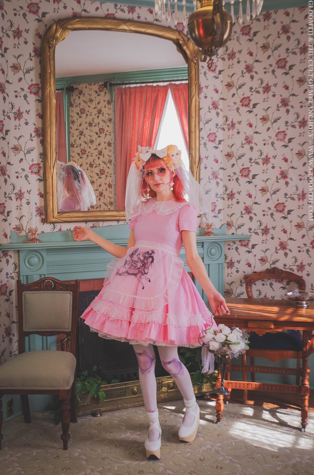 Gloomth Limited Edition Blush Pink Dress Outfit With Sheer Apron Sizes