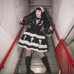 Gloomth Church Gothic Lolita Jsk Black Dress with White Lace Crosses Sizes S-6X