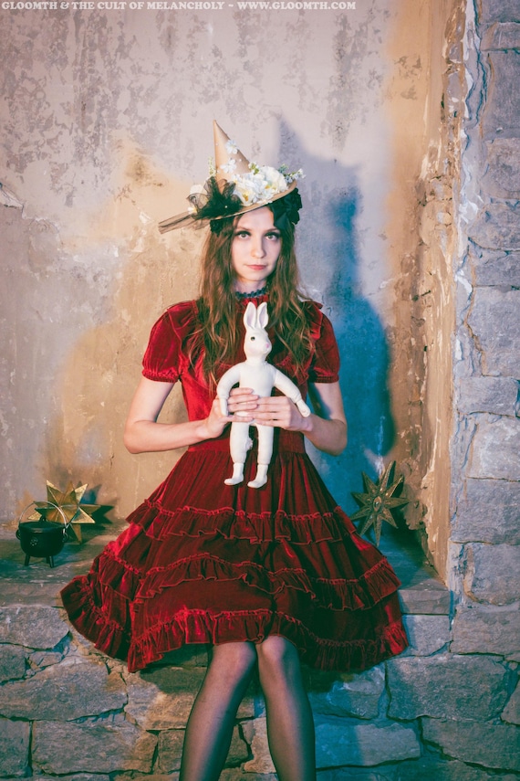 open lace back dress Red Velvet Front Chest Hollow-Out Decals Back Lace-Up Long Sleeve Plus –  LolitaInside main image 1