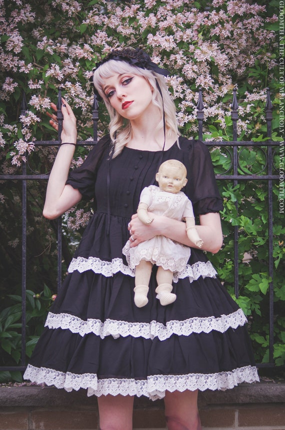 open lace back dress Victorian Tea Puff Sleeve Dress M — Goth Dresses — Dark in Love main image 0