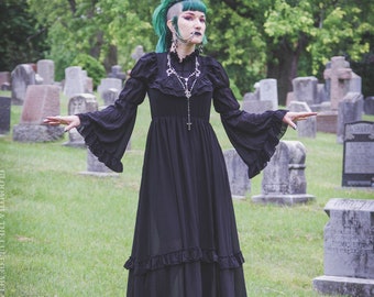 Gloomth Valerie Black Gothic Victorian Sheer Nightdress with Bell Sleeves Sizes S to 5XL