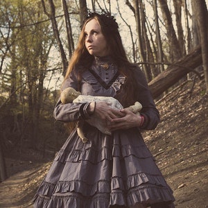 Gloomth Ghost Queen Grey Victorian Mourning Dress with Velvet Trim Sizes Small to 6XL In Stock image 2