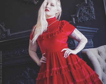 Gloomth Dracula's Bride Victorian Gothic Prom Dress in Red Velvet Sizes S to 5XL Plus Size