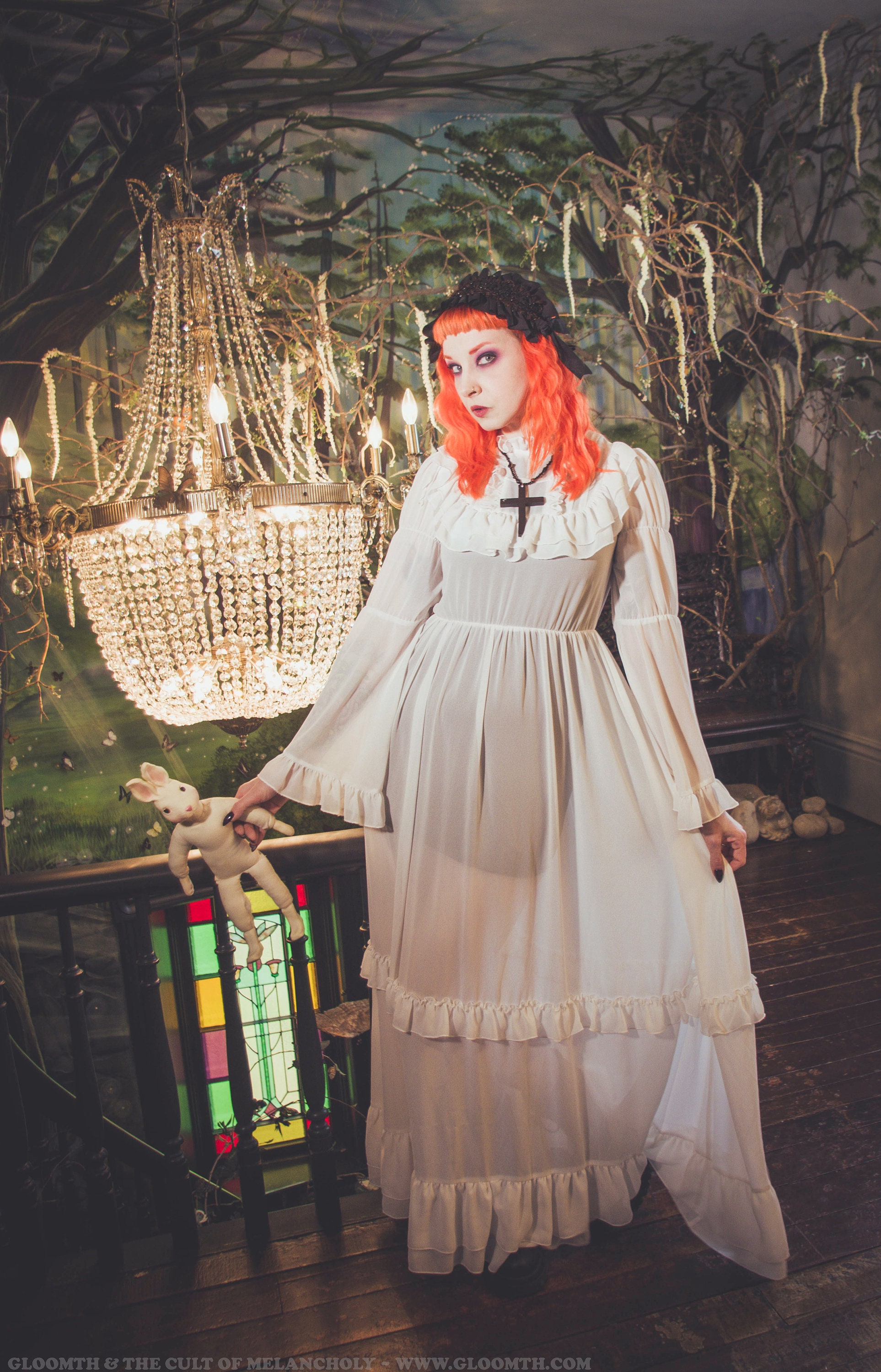 Gloomth Ingrid White Chiffon Nightdress: Gothic Victorian Bell