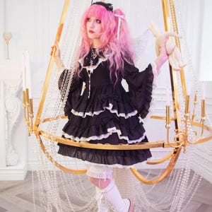 Gloomth Demon Court Chiffon Gothic Dress with Bell Sleeves White Lace Sizes S-6X