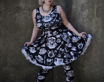 Gloomth Tassology Black and White Victorian Teacup Printed Dress XS to 5XL