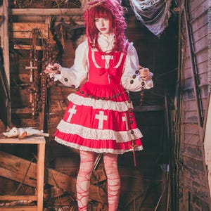 Gloomth Aka Kanashimi Red White Lolita JSK Dress Shirred Sizes S-6X