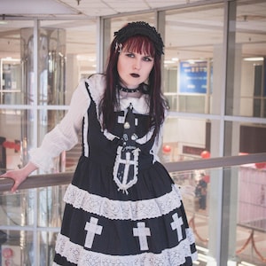 Gloomth Church Gothic Lolita Jsk Black Dress with White Lace Crosses Sizes S-6X