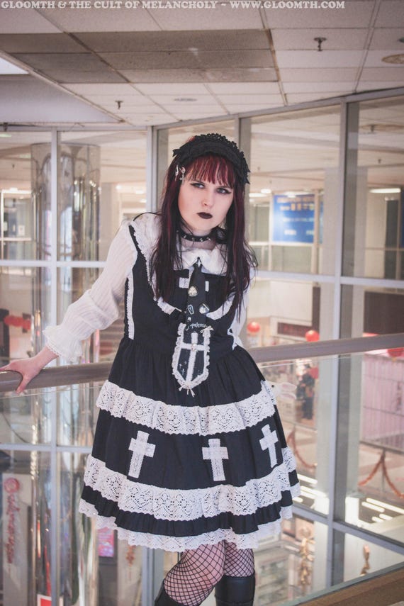 Gloomth Church Gothic Lolita Jsk Black Dress With White Lace Crosses Sizes  S-6X - Etsy