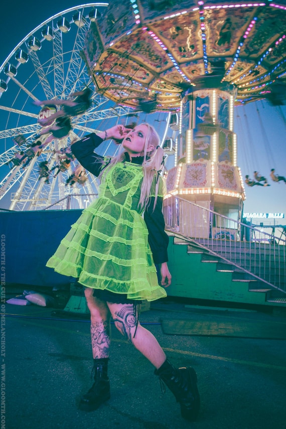 neon green sheer dress Women's Sheer Lime Green Kimono Dress with Ruffle Sleeves – Amy Page  DeBlasio