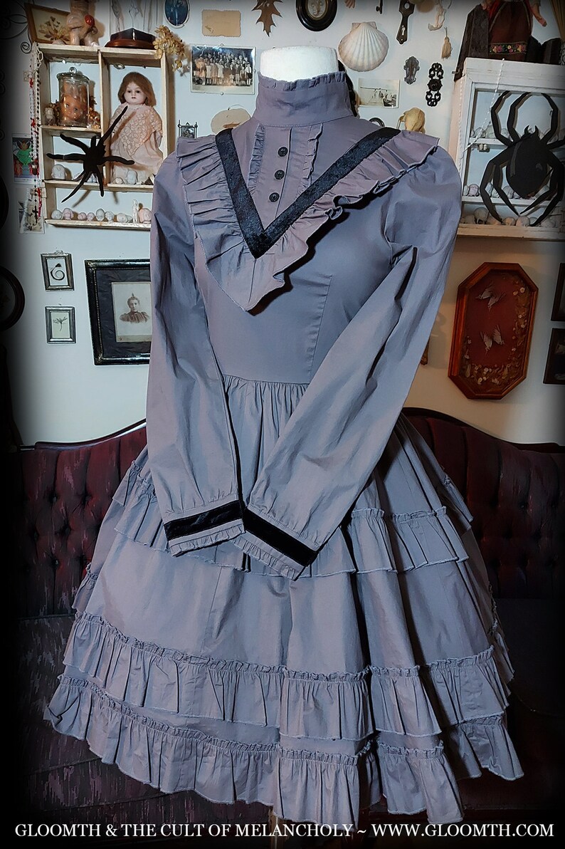 Gloomth Ghost Queen Grey Victorian Mourning Dress with Velvet Trim Sizes Small to 6XL In Stock image 8