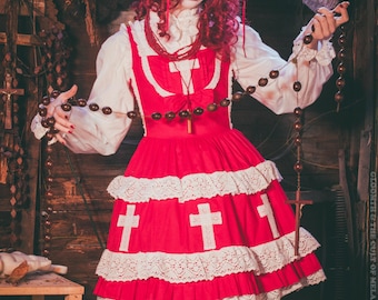 Gloomth Aka Kanashimi Red White Lolita JSK Dress Shirred Sizes S
