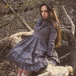 Gloomth Ghost Queen Grey Victorian Mourning Dress with Velvet Trim Sizes Small to 6XL In Stock