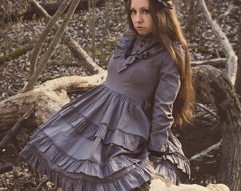 Gloomth Ghost Queen Grey Victorian Mourning Dress with Velvet Trim Sizes Small to 6XL In Stock
