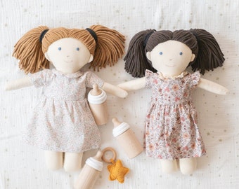 Poupée faite main, 36 cm, poupée de chiffon en coton pour bébés, poupée câline et réconfort, cadeau d'anniversaire, cheveux bruns foncés/clairs, poupée personnalisée